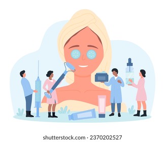 Cosmetic and spa beauty skincare procedures, cosmetology vector illustration. Cartoon tiny professional cosmetologists holding syringe and roller, cream and serum to moisturize skin of huge woman