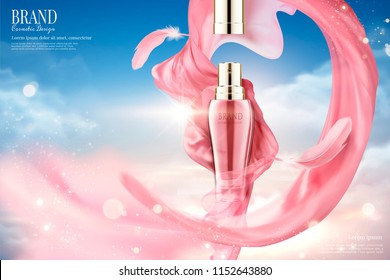 Cosmetic spray ads with flying pink satin and feather in 3d illustration, blue sky background