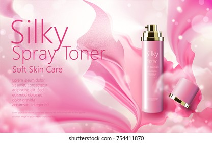 Cosmetic spray ads, pink bottle with fluttering silky chiffon isolated on bokeh glittering background, 3d illustration, mist and fog effects