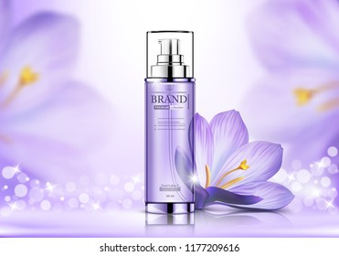 Cosmetic spray ads, purple bottle with flower isolated on bokeh glittering background, vector illustration