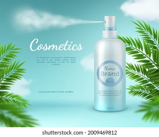 Cosmetic spray banner. Natural skincare product poster with tropical palm leaves and sky clouds. Realistic 3d sprayer bottle vector template. Banner cosmetic care, product of advertising illustration