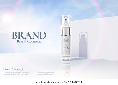 Cosmetic Spray Bottle Ads On White Clear Wall Background With Sunbeam In 3d Illustration