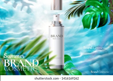 Cosmetic spray bottle ads on tropical foliage and swimming pool background in 3d illustration