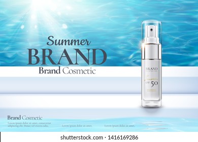 Cosmetic spray bottle ads on swimming pool background in 3d illustration