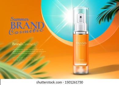 Cosmetic spray bottle ads on orange background with tropical leaves in 3d illustration