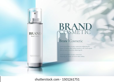 Cosmetic spray bottle ads on light blue and white background in 3d illustration