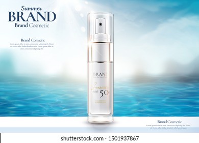 Cosmetic spray bottle ads on ocean background in 3d illustration