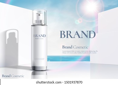 Cosmetic spray bottle ads on modern white wall and ocean background in 3d illustration