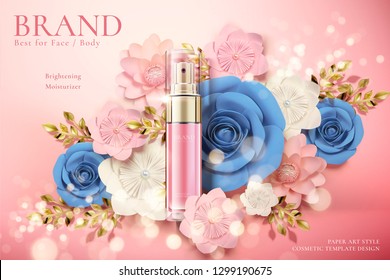 Cosmetic spray bottle ads with paper flowers in 3d illustration, glittering bokeh background