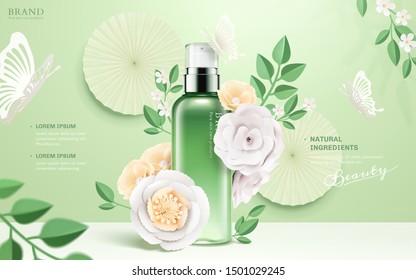 Cosmetic spray bottle ads with paper flowers and butterflies on green background in 3d illustration