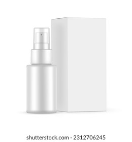 Cosmetic Spray Bottle Mockup With Packaging Box, Isolated on White Background. Vector Illustration