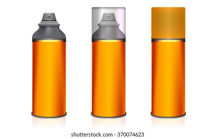 Cosmetic spray bottles deodorant set isolated on white background. Orange color with transparent glass and plastic cover. Vector