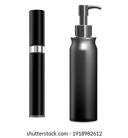 Cosmetic spray mockup. Plastic container blank, vector, on white background. Pump cream tube template. Dispenser bottle mockup for beauty product, round pack. Realistic parfum design