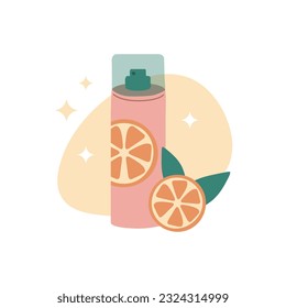Cosmetic spray with orange extract. Natural skin care product. Organic cosmetics concept. Eco deodorant. Flat vector illustration. 