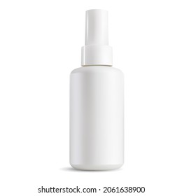 Cosmetic spray plastic bottle mockup, white blank template. Face care lotion aerosol tube. Mist dispenser package, small parfume fragrance. Aerosol cap bottle