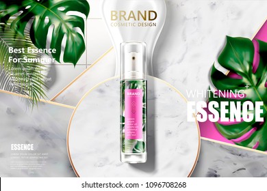 Cosmetic spray product with tropical leaves on marble stone background in 3d illustration, top view