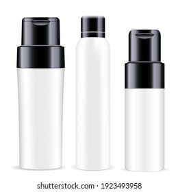 Cosmetic spray white blank. Vector deodorant bottle. Plastic aerosol container isolated template. Hairspray can design. Round pump dispenser bottle, aluminium cylinder packaging mock up