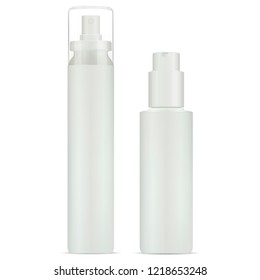 Cosmetic sprayer and dispenser pump bottles mockup set. Cosmetic jars for gel, liquid, moisturizer,conditioner. Detalied vector illustration isolated on background.