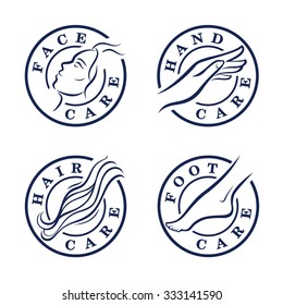 Cosmetic stamps, icons. Logo template. Different parts of a body - face, hand, hair, foot. Vector illustration.