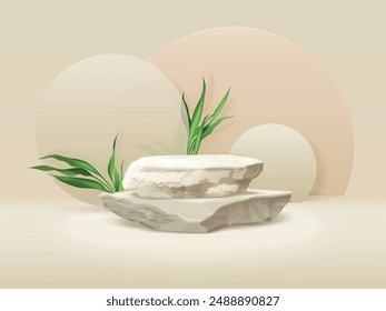 Podio de piedra cosmética. Rock cubo piso de hormigón escenario naturaleza cuidado de la piel cosméticos maqueta de producto mínima plataforma interior, comercial pedestal de belleza 3d Ilustración vectorial exacta autores gráficos