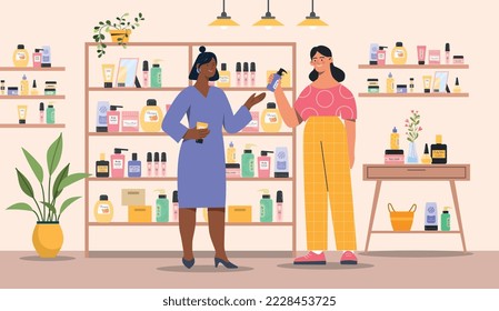 Cosmetic store concept. Woman in supermarket with cosmetics. Buyer and seller, advertising poster or banner for website. Health and skin care, routine and hygiene. Cartoon flat vector illustration