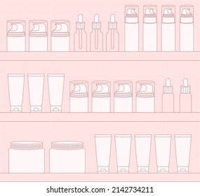 Cosmetic store shelf. Packaging collection. Showcase shop with plastic bottles. Lineart cosmetic illustration