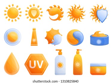 Cosmetic sun icons set. Cartoon set of cosmetic sun vector icons for web design