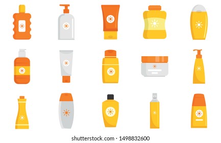 Cosmetic sun protection icon set. Flat set of cosmetic sun protection vector icons for web design