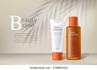 Cosmetic sunscreen bottles template. Premium ads. White and orange bottles isolated on beige background with palm leaves shadow. Realistic 3d style. Vector illustration