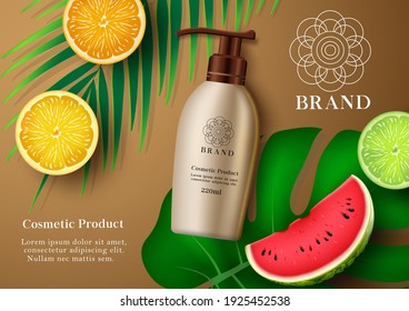 Kosmetische Sonnenschutzmittel Vektorbanner-Vorlage. Kosmetisches Mockup-Lotion-Produkt mit tropischem Fruchtextrakt wie Zitrone, Wassermelone, Limette und Orange-Elemente für die Hautpflegewerbung Design.