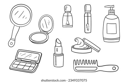 Kosmetische Vorräte Element Satz von handgezeichneten Umrissgrafiken Vektorgrafiken. Lipstick, Handspiegel, Kosmetikkoffer, Losflasche, Cremejar, Haarwaschmittel, Tube mit Bürste, Pulverfass