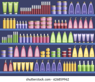 Cosmetic supplies in the supermarket, shelves filled with cosmetic products. Vector illustration