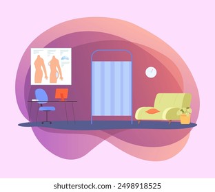 Cosmetic surgeons office interior design. Clinic room with sofa, desk with computer and posters flat vector illustration. Hospital, interior, mammoplasty, beauty concept