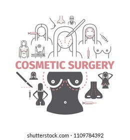 Cosmetic surgery banner. Elements of infographics. Breast augmentation signs. Vector symbols