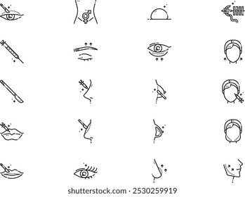 A coleção de ícones de cirurgia cosmética é uma ilustração vetorial com traçado editável.