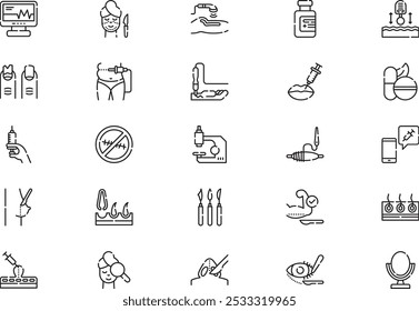 A coleção de ícones de cirurgia cosmética é uma ilustração vetorial com traçado editável.