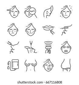 Cosmetic surgery line icon set. Included the icons as cellulite, beauty, marking, skin,  and more.