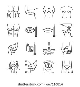 Cosmetic surgery line icon set. Included the icons as wrinkle, aging, belly, cellulite and more.
