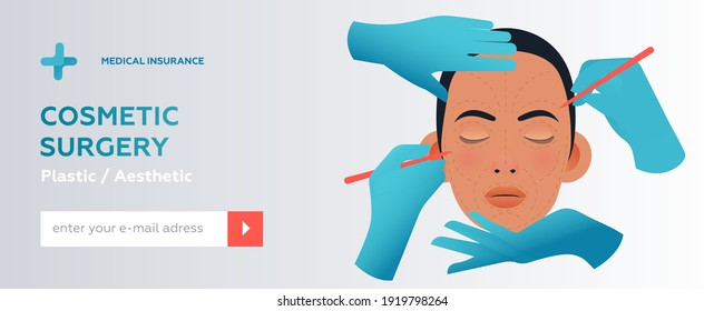 Cosmetic Surgery. Plastic and Aesthetic. Female Face with Dotted Lines, Hands Wearing Surgical Blue Gloves. Modern Flat Vector Illustration. Website Banner. Social Media Template.