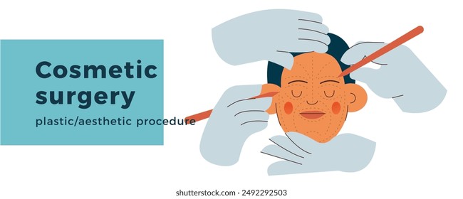 Cosmetic Surgery. Plastic and Aesthetic. Female Face with Dotted Lines, Hands Wearing Surgical Gloves. Modern Flat Vector Illustration. Landing Page Design Template. Website Banner.