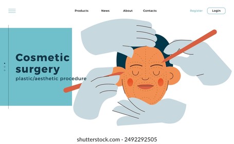 Cosmetic Surgery. Plastic and Aesthetic. Female Face with Dotted Lines, Hands Wearing Surgical Gloves. Modern Flat Vector Illustration. Landing Page Design Template. Website Banner.