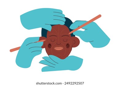 Cosmetic Surgery. Plastic and Aesthetic. Female Face with Dotted Lines, Hands Wearing Surgical Gloves. Modern Flat Vector Illustration. Landing Page Design Template. Website Banner.