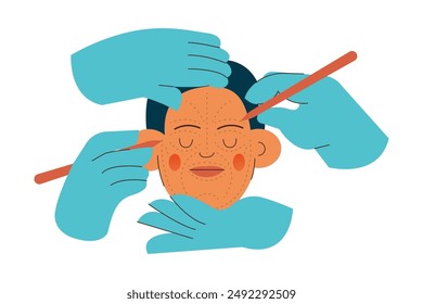 Cosmetic Surgery. Plastic and Aesthetic. Female Face with Dotted Lines, Hands Wearing Surgical Gloves. Modern Flat Vector Illustration. Landing Page Design Template. Website Banner.