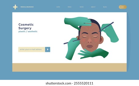 Cosmetic Surgery. Plastic and Aesthetic. Female Face with Dotted Lines, Hands Wearing Surgical Blue Gloves. Modern Flat Vector Illustration. Landing Page Design Template. Website Banner.