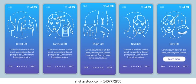 Cosmetic surgical lifting procedure onboarding mobile app page screen vector template. Thigh, neck lift. Walkthrough website steps with linear illustrations. UX, UI, GUI smartphone interface concept