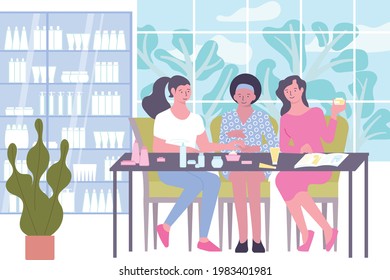Cosmetic testing flat composition with group of three women sitting at table applying different cosmetic products vector illustration