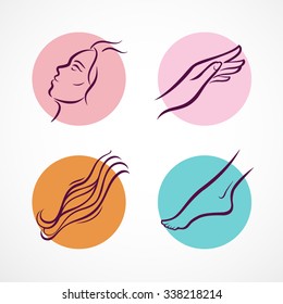 Cosmetic therapy icons set. Different parts of a body - face, hand, hair, foot. Vector illustration.