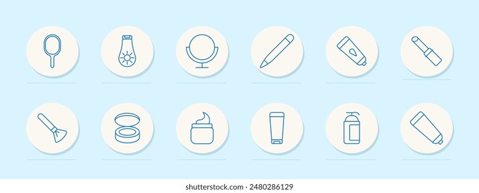 Cosmetic tools set icon. Hand mirror, brush, lipstick, and cream. Beauty, makeup, skincare, and personal care concept.