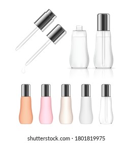 Frasco transparente cosmético con cuentagotas aisladas sobre fondo blanco. Paquete de productos de belleza. Ilustración vectorial.