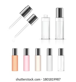 Frasco transparente cosmético con cuentagotas aisladas sobre fondo blanco. Paquete de productos de belleza. Ilustración vectorial.